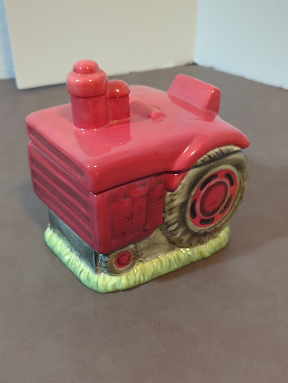 Ceramic Red Farm Tractor Blonder Home Cookie Jar Canister Linda Picken